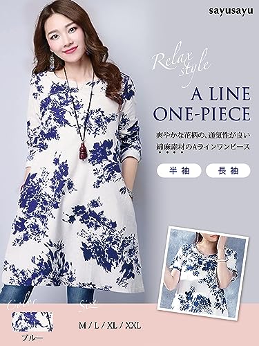 Sayusayu-A-Line-Dress-Flower-Pattern-Loose-Fitting-Cotton-Flax-Short-or-Long-Sleeves