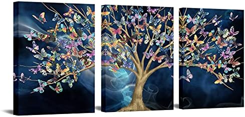 OuElegent Tree of Life Wall Art Canvas Colorful Butterfly on Tree Picture Paintings Dark Navy Blue Modern Giclee Printed Artwork for Bedroom Living Room Framed Ready to Hang