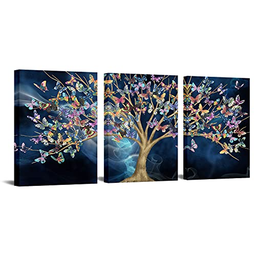 Ouelegent Lienzo decorativo para pared, diseño de mariposa en el árbol, color azul marino, moderno Giclée impreso ilustraciones para dormitorio, sala de estar, estirado y enmarcado listo para colgar