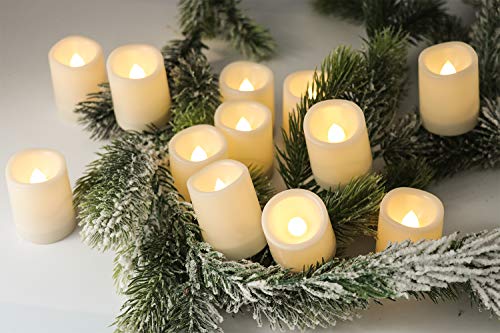 Image of GenSwin Waterproof Outdoor Flameless Candles Flickering with Timer, Battery Operated LED Pillar Votive Tealight Candles(Battery Include), Set of 12 Plastic Warm Light(White, 1.5 x 2 Inch)