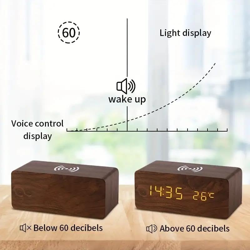 Miniatura 5 de Reloj despertador digital, pantalla LED electrónica de madera, 3 ajustes de alarma, alarma de respaldo de batería, detección de humedad y