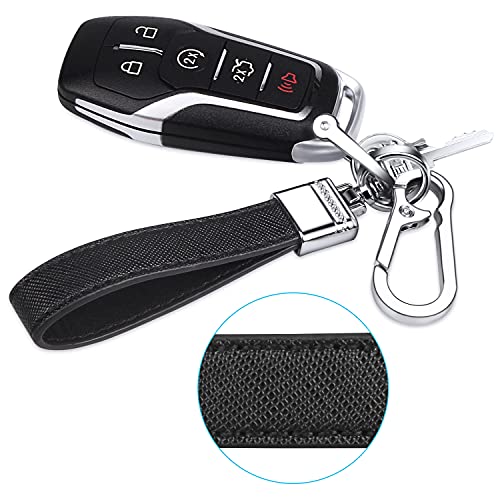 Qbuc Genuine Leather Car Keychain,Universal Heavy Duty Metal Key Chain Accessories,Car Fob Key Keychain Holder With 360 Degree Rotatable Snap Swivel And Anti-Lost D-Ring For Men Women（Black） #TOP4