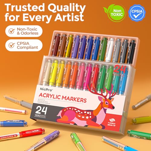 Miniatura 6 de Nicpro 24 Colores Rotuladores Acrilicos Punta Pincel, Base Agua, Resistentes Al Agua Y Con Control Automático De Tinta, Ideales Para Manualidades Y Trabajos Manuales, Piedra, Madera, Vidrio Y Tela