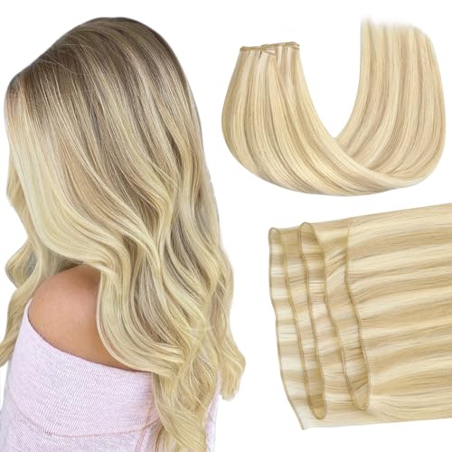 GOO GOO Genius Weft Hair Extensions Human Hair, Sew In Weft Extensions, Seamless Blend & No Bulk Flat, Natural Volume for Women, 18A/613A Dark Blonde Highlighted Bleach Blonde 14 Inch 100g