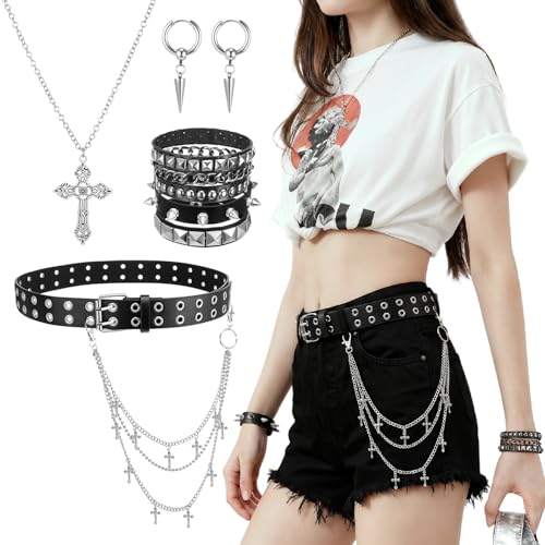 JATEBI 8Pcs Y2K Black Studded Belt and Jewelry Set Punk