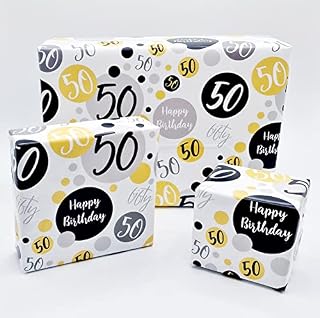 2 Sheets 50th Birthday Wrapping Paper Age 50 Birthday Gift Wrap Paper Male/Female Gold Black and Silver (PA)