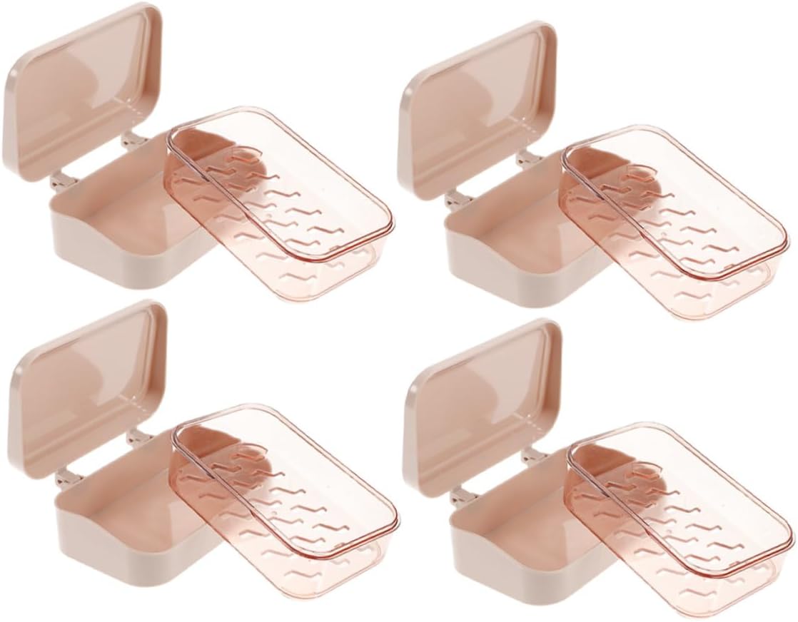 4pcs Pink Draining Soap Dish with Lid, Removable Double-Layer Plastic Soap Holder Case for Bathroom and Shower Storage