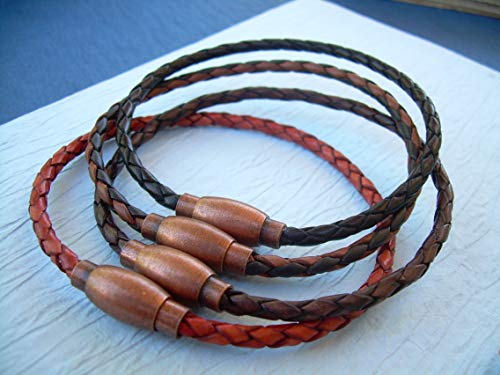 Handmade Thin Braided Leather Bracelet With Copper Toned Brass Magnetic Clasp, Mens Jewelry, Mens Bracelet, Leather Bracelet, Boyfriends Gift, Mens #TOP2