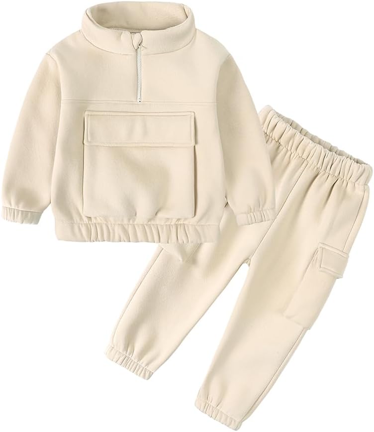 MYGBCPJS Boys Girls 2Pcs Thick Fleece Sweat Suit Outfits Kids Long Sleeve Quarter Zip Sweatshirt no Hood + Cargo Pants Set