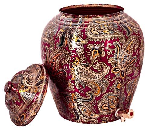 Image of INDIAN ART VILLA Printed Copper Water Dispenser Pot Matka, 13L, Maroon Design, Pure Copper for Healthy Drinking, with Lid & Tap, Home, Kitchen & Garden Use