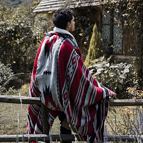 Aztec Patterned Throw Blanket with Soft Sherpa Lining, Traditional Southwestern Navajo Tribal Style Warm Throw for Camping, Outdoor, Light Weight Cozy Boho Blanket for Couch, Sofa, Bed, 50&rdquo;x60&rdquo;, Red