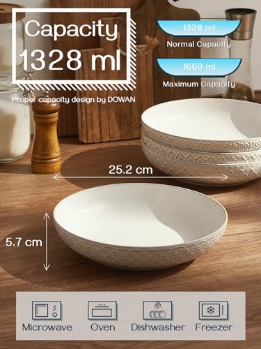DOWAN Tiefe Suppenteller 4er Set, 1660ml Große Pastaschalen, Φ25.2 cm Breit & Flach Salatschüssel für die Küche, Geprägte Keramik-Servierplatte für Obst, Steak, Eintopf | Vintage Weiß
