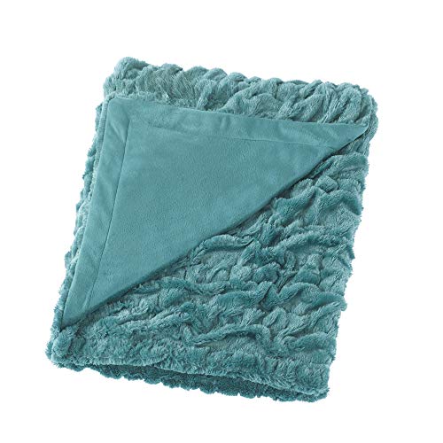 Comfort Spaces Ruched Faux Fur Plush Throw Blanket and Pillow Set with 2 Matching Square Pillow Covers Sofa Throw Blanket for Living Room, Chair, Couch, Home Office Luxurious Fuzzy Soft Teal 50