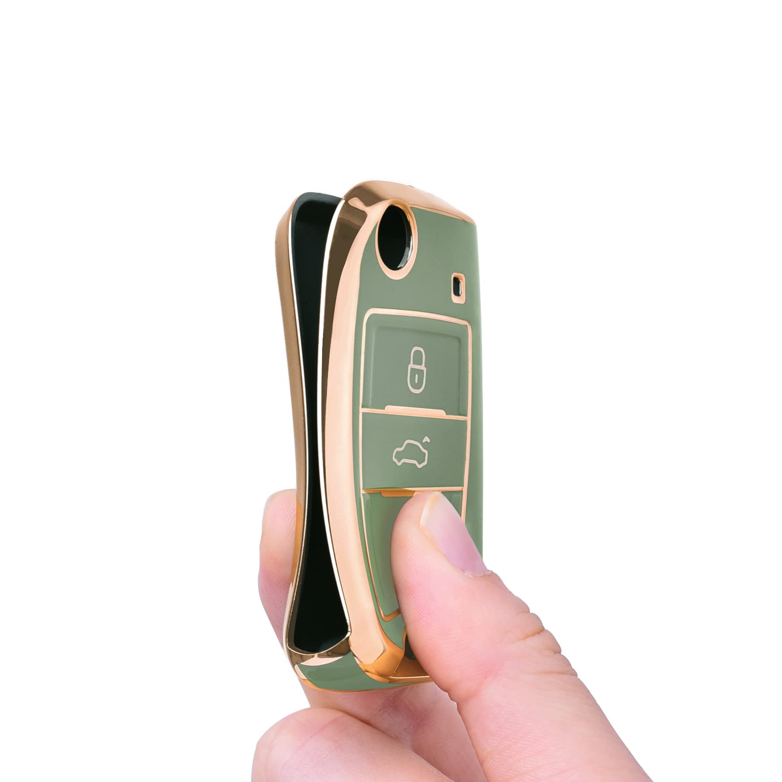 OATSBASF Car Key Case For VW, Key Case Compatible with VW Golf 7 MK7，Silicone Key Case, Key Box Cover for VW Polo, Skoda, Tiguan, 3 Buttons (gold trim-green) — view 6
