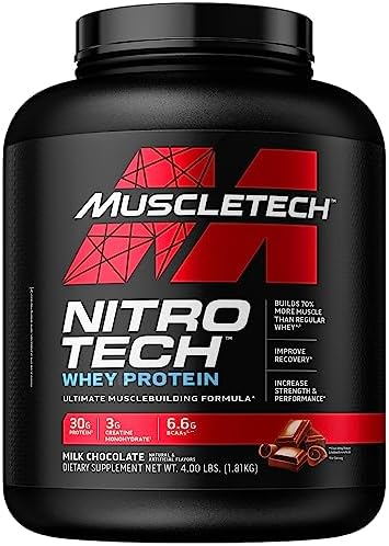 MUSCLETECH Proteiny w proszku, nitro-Tech izolaty białkowe i peptydy, proteinowy proszek do budowy mięśni, dla mężczyzn i kobiet, czekolada mleczna, 1,81 kg (1 opakowanie), (opakowanie może się
