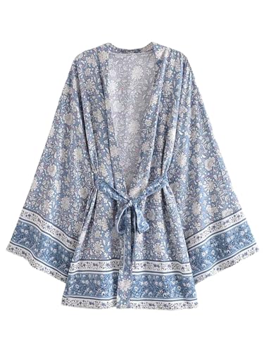 Robe kimono courte en coton floral avec manches chauve-souris pour femme