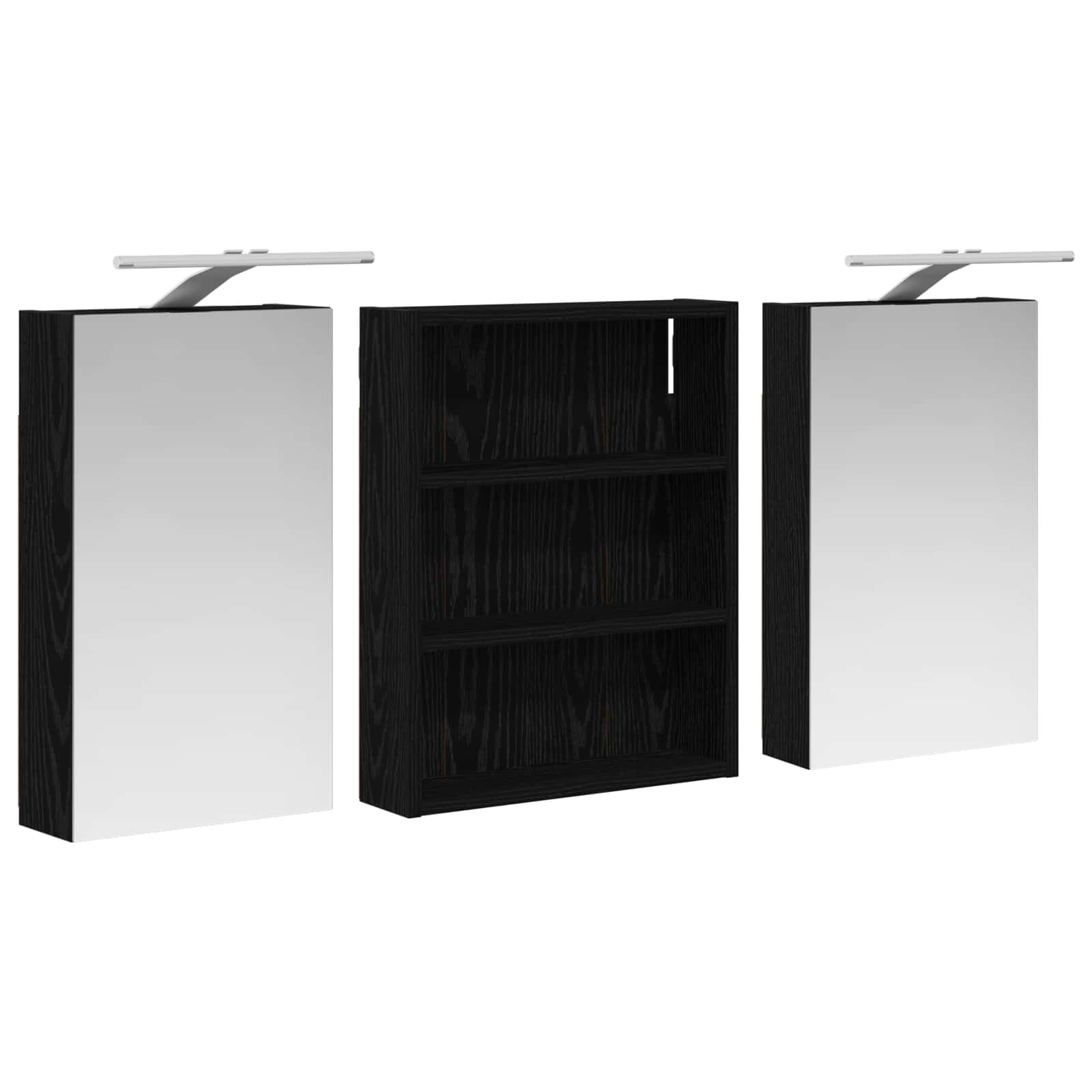 Set di 3 armadietti da bagno in legno, 100 x 10,5 x 50 cm, montaggio a parete con illuminazione a LED, specchio a due vie, vano portaoggetti, ante e ripiani per mobili da bagno