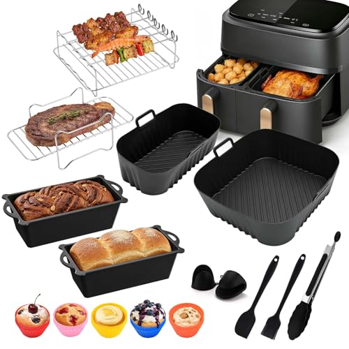 26 Stück Heißluftfritteuse Zubehör für Philips Dual Basket Airfryer 3000/5000 Serie 9L(6L/3L) Aus Lebensmittelechtem Silikon und Edelstahl 304 Wiederverwendbares Backblech Spieße & Mehr