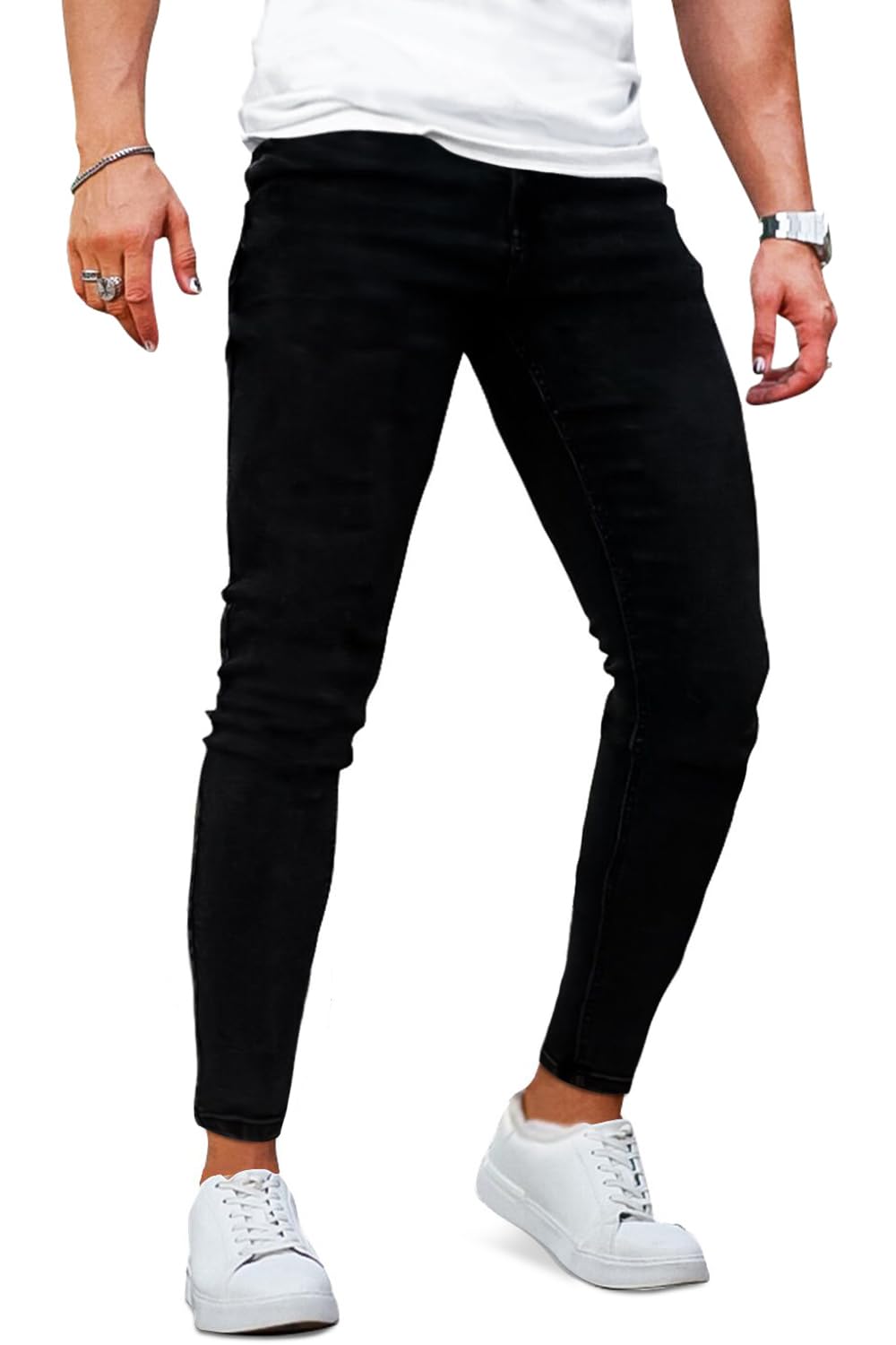 Jeans rasgados, elásticos y ajustados para hombre, Skinny, 32, Black Non-ripped 5