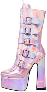 PSMTNNBB Botas de tacón alto de 15 cm, tacón grueso, media pantorrilla, color rosa, talla 38