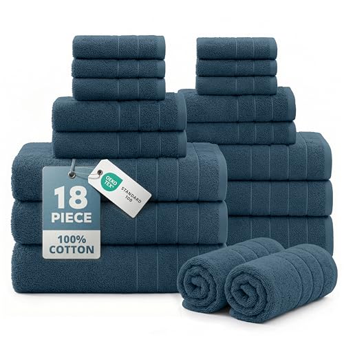 Casa Platino Bath Towel Set Quick Dry 100% Cotton 18 Piece - Steel Blue