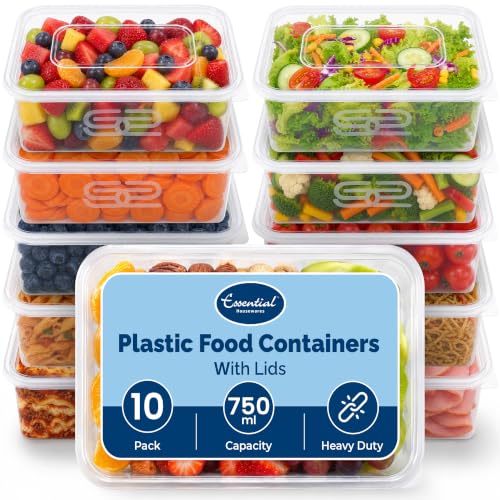 Euro Classic Essential Housewares 10 Plastic Food Containers with Lids - 750ml. BPA-Free Leak-Proof Plastic Lunch Box Meal Prep Containers Reusable. Lunchbox Snack Box Food Storage Containers.