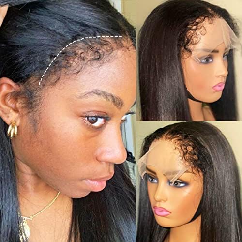 180% Density 13x4 Kinky Curly Edges Hairline Silk Straight Lace Front Human Hair Wigs HD Invisible Lace Front Wigs Human Hair with Curly Baby Hair Glueless Straight Frontal Wig(16 inch, natural black)