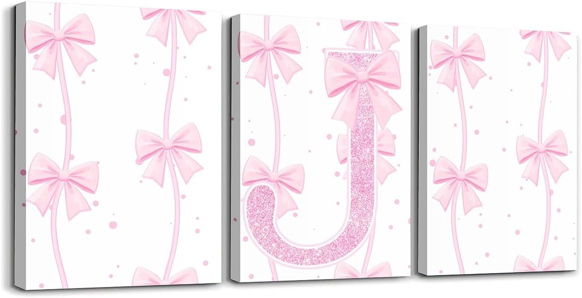Feelyou Pink Bow 3 Piece Canvas Wall Art for Living Room Bedroom Individual letters M Wall Art for Home Decor Pretty Bowknot Office Decor Artwork Pink White Picture Posters
