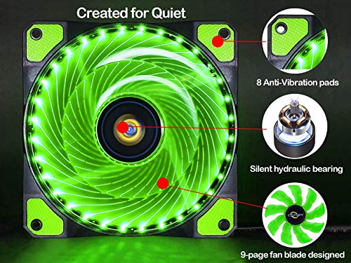 Conisy Silent Series 120mm Case Fan for Computer Case, LED PC Case Fan with 4pin Molex & 3pin Motherboard Connector - Green (2 Pack)