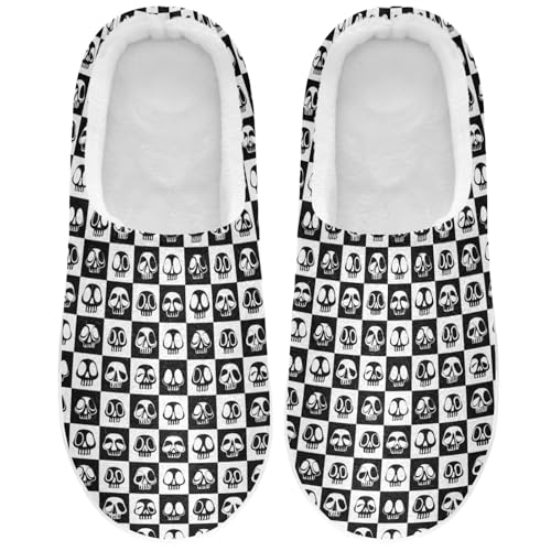 House Fuzzy Slippers Skull Black and White Checkerboard Anti-Slip Warm Shoes for Womens and Men 2301706