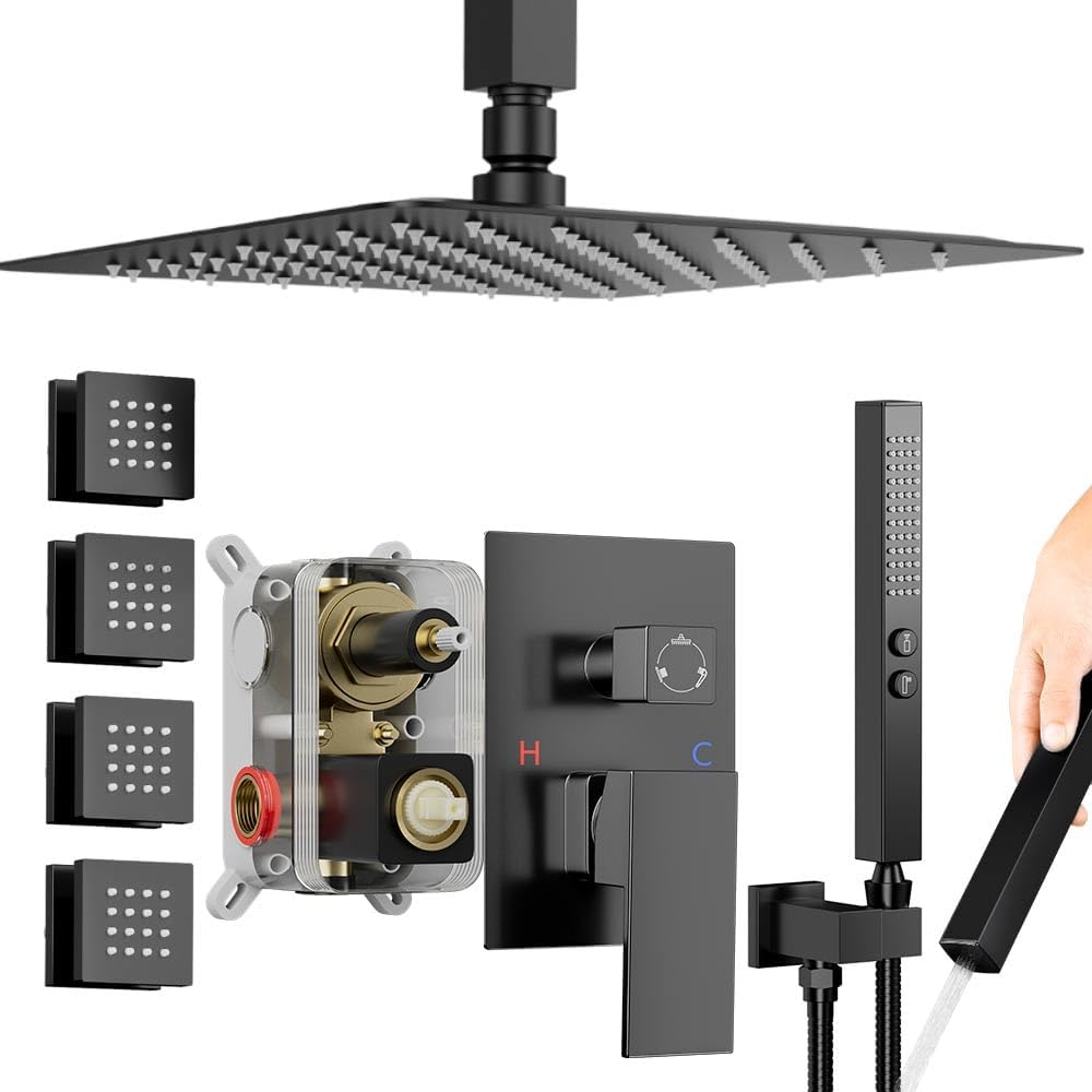 Shower Faucets Sets Shower System with Body Jets, Bostingner 10" Rain Shower Head with 2 In 1 Handheld Spray and 4 Jets, Ceiling Mount All Metal 3 Way Shower Set with Valve and Trim Kit, Matte Black