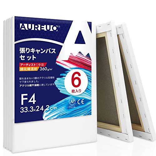 AUREUO 張りキャンバス セット F4  中目 綿化繊混紡 6枚 初心者 絵画用具 芸術絵創作 現代油絵 美術装飾 水彩画 油絵画 アクリル兼用