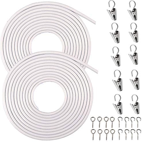 Gocelyn 2-Pack 3-Meter White Curtain Wires with 10 Stainless Steel Curtain Clips, Plastic Coated Curtain Wire Window Curtain Hanging Cord Kits Curtain Hanging Wire with Screw Eyes and Hooks