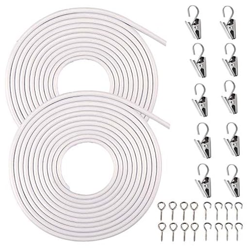 Gocelyn 2-Pack 3-Meter White Curtain Wires with 10 Stainless Steel Curtain Clips, Plastic Coated Curtain Wire Window Curtain Hanging Cord Kits Curtain Hanging Wire with Screw Eyes and Hooks