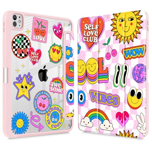 May Chen for iPad Pro 13 Inch Case M5 2025 / M4 2024, Built Pencil Holder & Clear Transparent Print Back Shell Slim Stand Shockproof Tablet Cover, Auto Wake/Sleep, Groovy