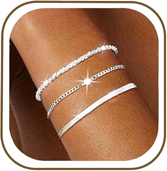MUCCA 3Pcs Silver Bracelet for Women Elegant Layered Bracelets for Womens Stackable Gold Plated Bangle Adjustable Chain Link Wrist Jewelry Gift for Her Anniversary Birthday Party
