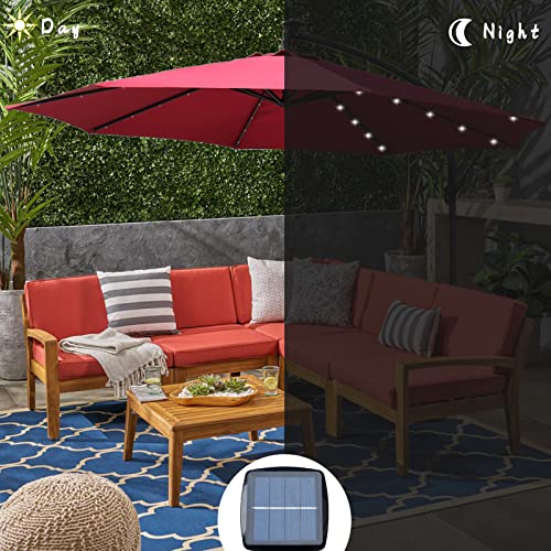 Sunlax Solar Offset Umbrella, 10Ft Cantilever Hanging Burgundy Umbrella With 32 Led Lights Market Deck Patio Umbrellas Cross Base Included #TOP1