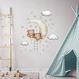 Sleeping Teddy Bear Wall Stickers - Nursery Kids Room Decor, Teddy Bear Sleeping on Moon Wall Decals Art Decoration