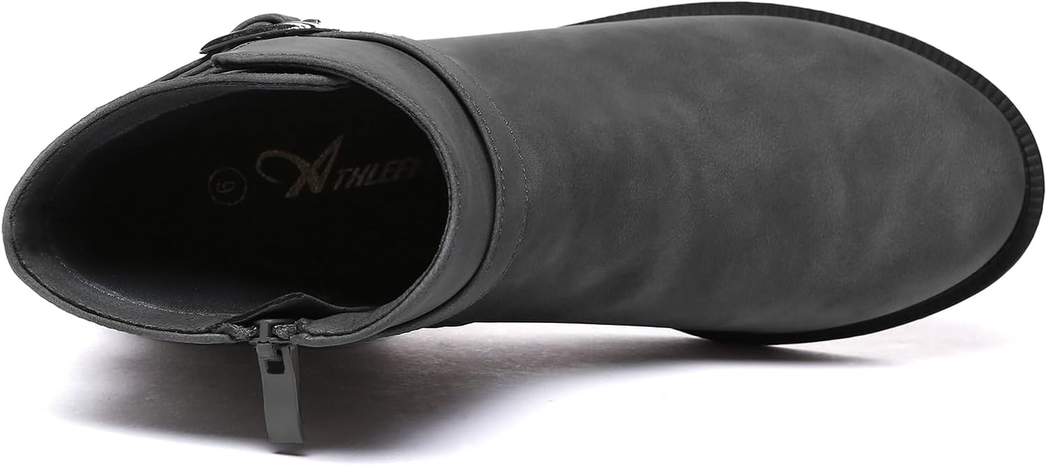 Athlefit Women's Ankle Boots Chunky Low Heel Fashion Round Toe Buckle leather Booties - Image 5