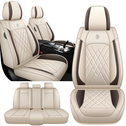 JGDL Car Seat Covers for Cadillac Escalade 2000-2026, 5 Piece Set Nappa Leather Non-Slip Seat Protectors, Breathable Seat Cover Set. (Standard 5 Seats, Beige)