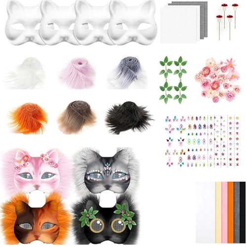Worparsen Therian Mask Set 31 PCs Therian Cat Mask Kit DIY -Katzenmaske selbstklebende Filzstoffblech 6 Farben mit 4 -pcs -Augennetz für Halloween -Masquerade Cosplay -Party A