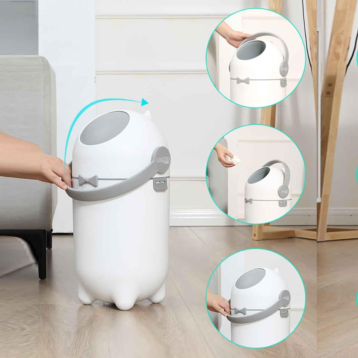 Diaper Pail - Magic Diaper Trash Bin - Diaper Disposal for Home Use - Use Any Bag - Durable and Odorless - White - Maxibaby