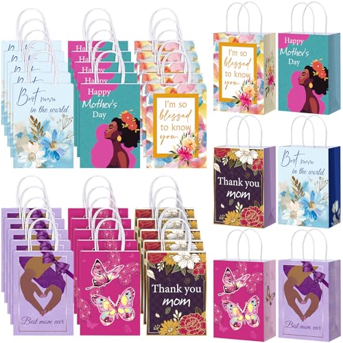 Moinchore 30 Pack African American Mother's Day Gift Bags Assortment with Handle Colorful Floral Mother's Day Gift Paper Flower Goody Treat Wrapping Bags for Moms Birthdays Party Decor Supply