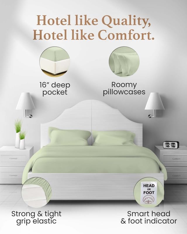 Good Sleep Bedding Queen Cotton Sheet Set - 4 Pc, 800 Thread Count Luxury Extra Deep Pocket Queen Sheets, Fits Mattress Upto 16", Soft & Breathable, Durable Queen Size Bed Sheets - Sage Green Sheets - Image 3