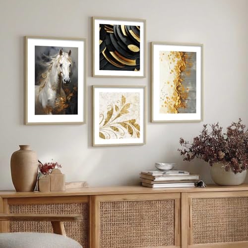 Image of kotart Premium Paintings with Frame for Home Decoration - Modern Art Golden Horse Painting for Living Room Bedroom Office Wall Decoration - Pack of 4 (Art 5, Big (13x17 or 13x13 inch))