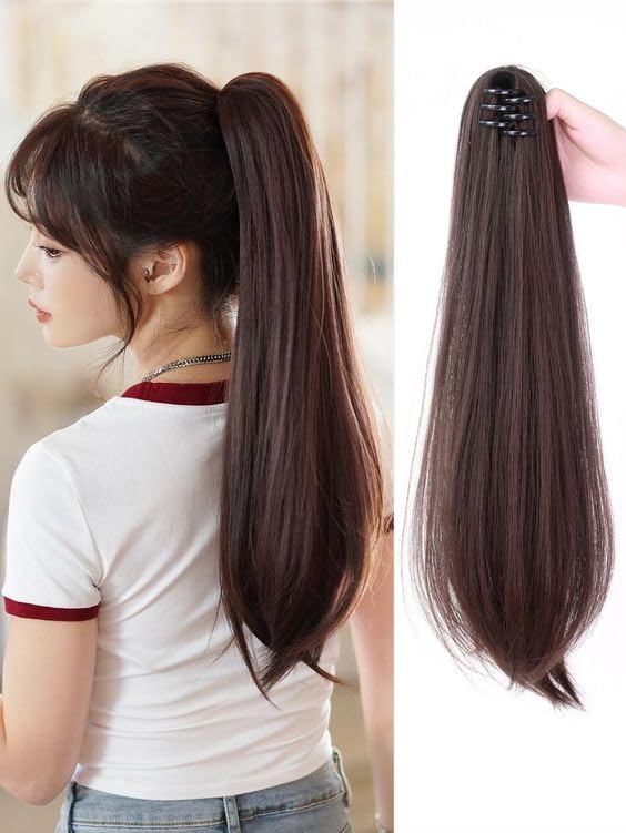 D-DIVINE Wig Natural looking Scale Ponytail Hair Extension Full Head Long Highlight Natural Brown Color for Women And Girls 24 inches Pack of 1-image-49