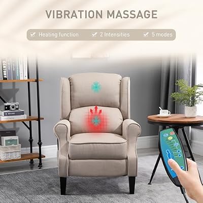 HOMCOM Vibration Massage Recliner Chair for Living Room with Heat, Wingback Single Sofa, Modern Linen Fabric Push Back Reclining Chair with Footrest, Side Pocket, Dark Beige