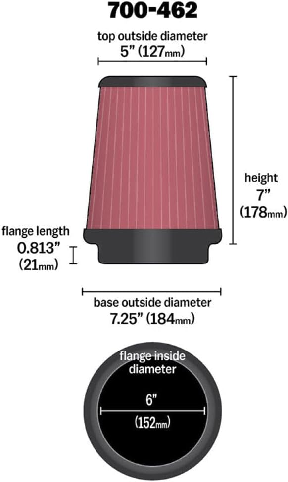 Airaid 700-462 Universal Clamp-On Air Filter: Round Tapered; 6 Inch (152 mm) Flange ID; 7 Inch (178 mm) Height; 7.25 Inch (184 mm) Base; 5 Inch (127 mm) Top