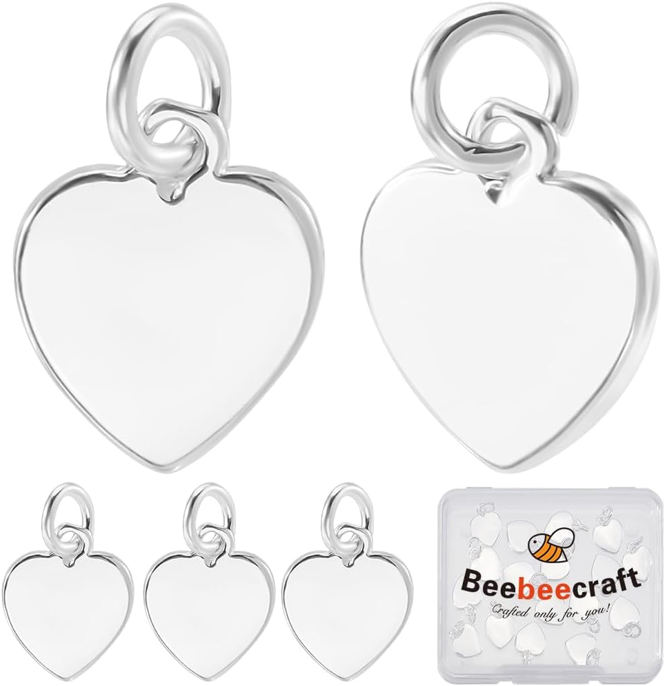 Beebeecraft 1 Box 20Pcs Heart Charms 925 Sterling Silver Plated Love Hearts Shape Charm Dangle Pendants with Jump Rings for Jewelry Making Valentine's Day Necklaces Earrings Bracelets DIY Crafts