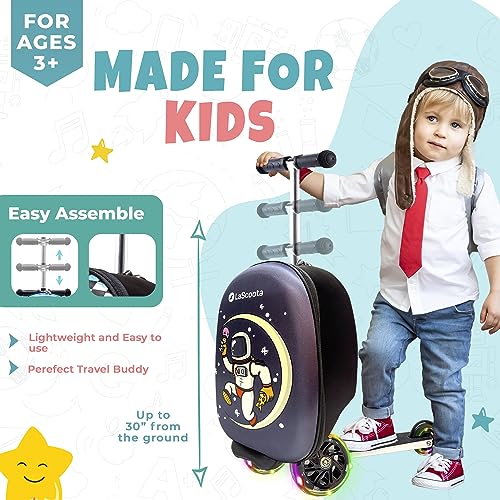Lascoota Scooter Suitcase, Foldable Scooter Luggage For Kids - Lightweight Kids Ride on Luggage Scooter with Wheels, LED Lights - Astronaut Graphic Suitcase Scooter, Ride On Suitcase for Kids Ages 2-5